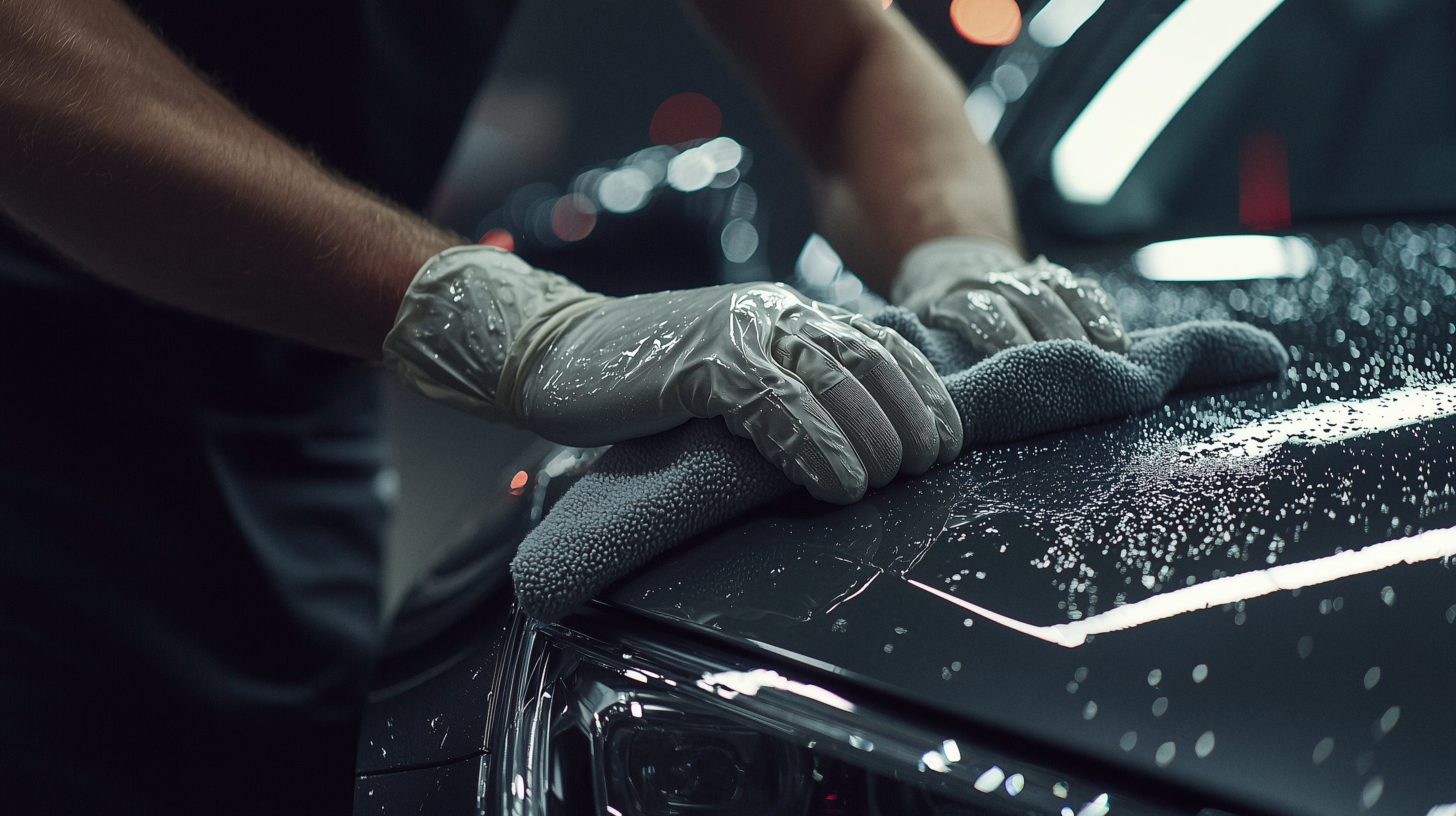 Detailaufnahme einer Mikrofaserreinigung auf nassem Fahrzeuglack